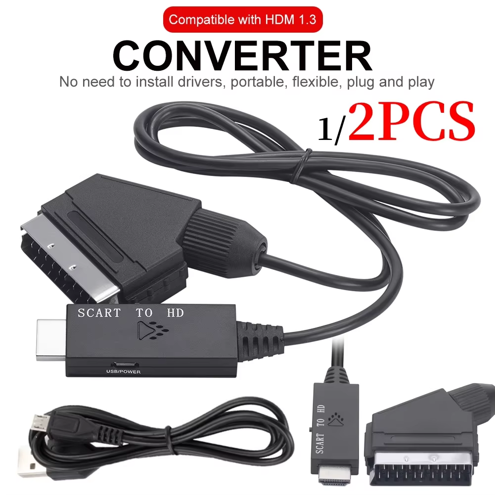 SCART to HDMI 互換変換ケーブル ビデオ オーディオ コンバータ アダプター SCART IN HDM OUT サポート 720P/1080P スイッチ HDTV DVD 用