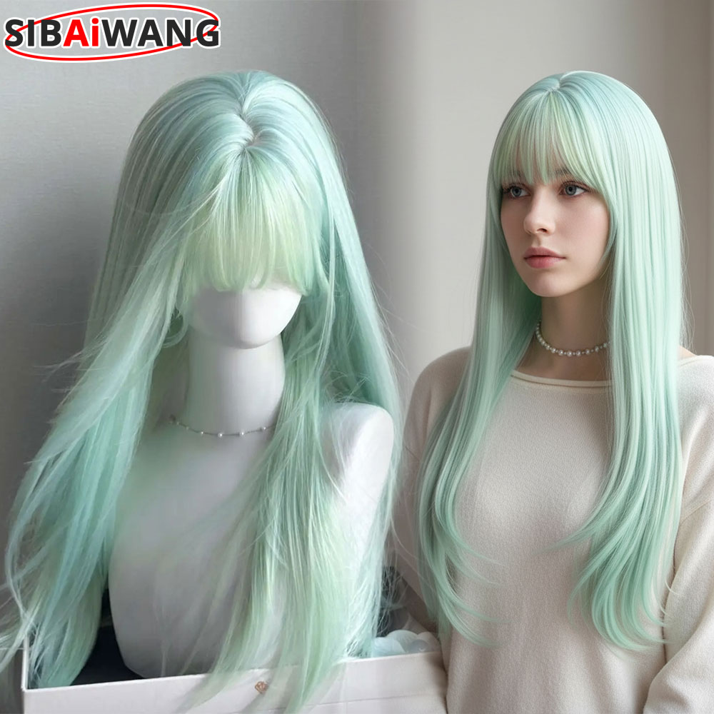 Long Straight Mint Milk Green Synthetic Wig For Woman With Bangs Cosplay Lolita Wigs Heat Resistant Natural Hair party Daily Use