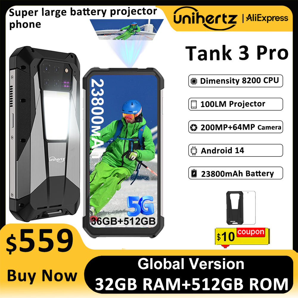 Unihertz Tank 3 Pro 8849 頑丈なスマートフォン android 5G 100 ルーメンプロジェクター 32/36 ギガバイト 512 ギガバイト 23800mAh 防水 200MP 電話