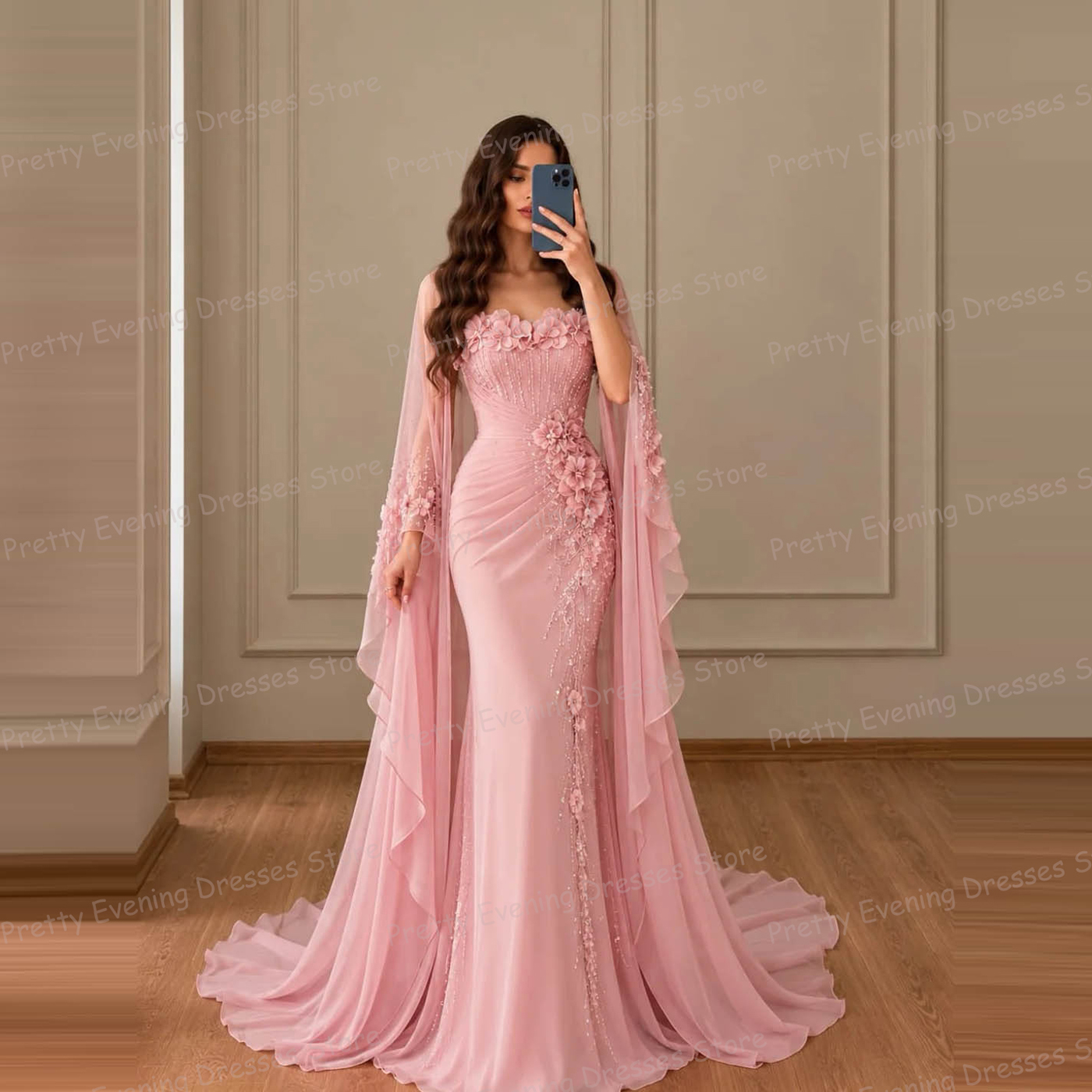 Exquisite Fashion Flowers Pink Evening Dresses Mermaid Women's Prom Party Gowns Long Sleeve Gala Vestidos De Novia شارون سعيد