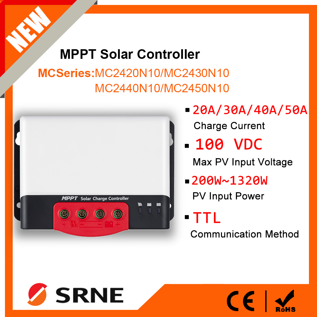 SRNE MPPT ソーラー充電コントローラ 20A 〜 50A ソーラーレギュレータ PV 最大 1320 ワット入力 12V 24V リチウム電池用 BT-2 RM-6 オプション