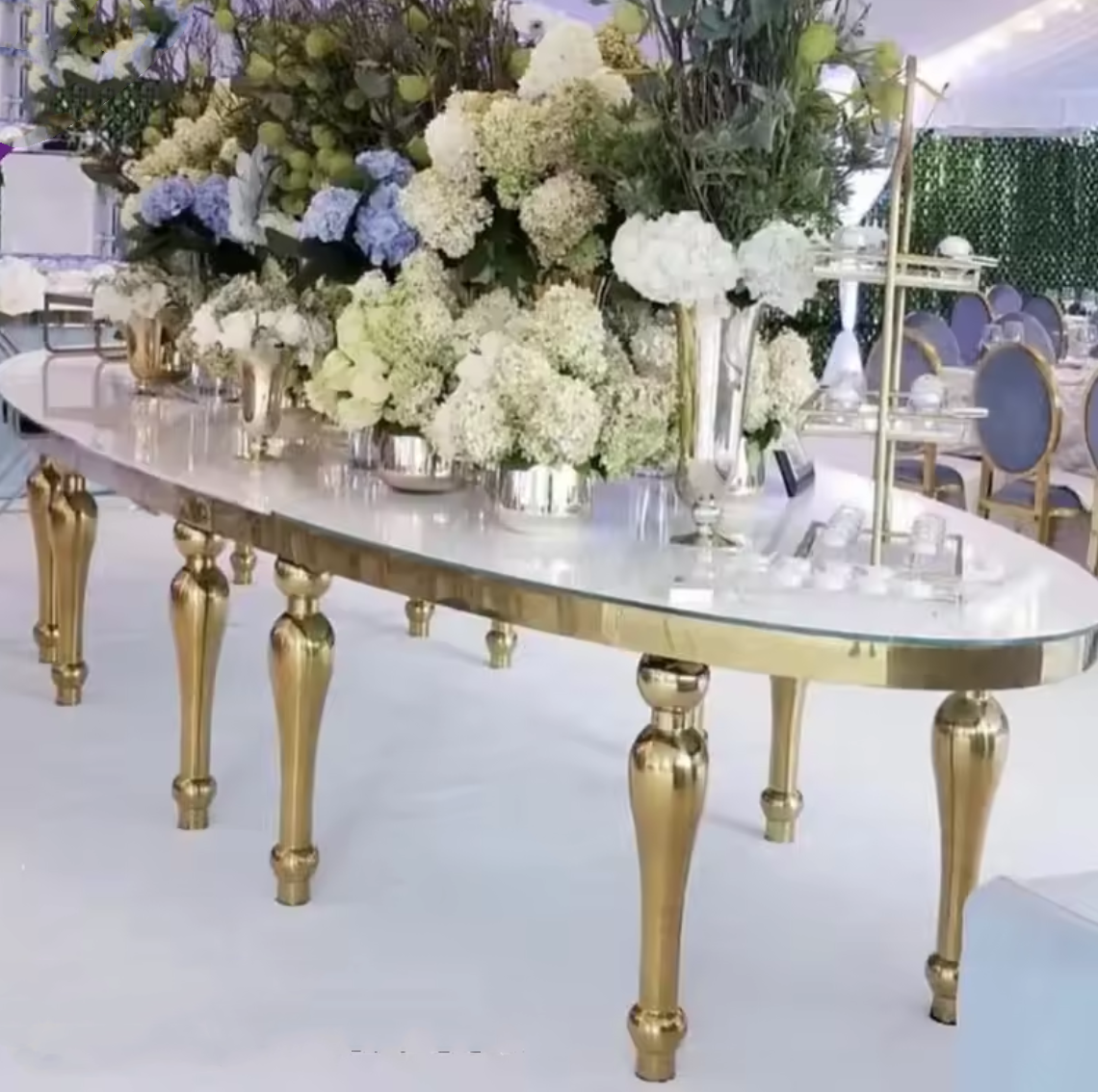 椅子/テーブル）パーティーダイニング家具ホワイトガラスゴールド脚ステンレス鋼結婚式オーバル宴会テーブル椅子