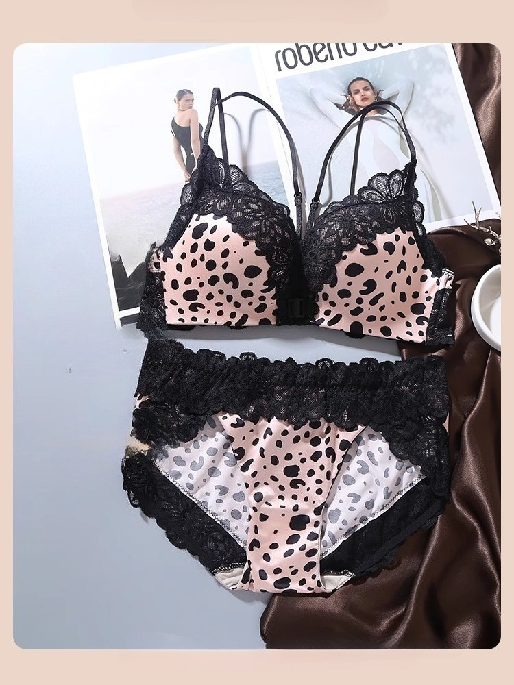 MOYISU フレンチレースヒョウ柄セクシーなプッシュアップブラセット貧乳用アンダーワイヤーギャザーバック下着女性普段着