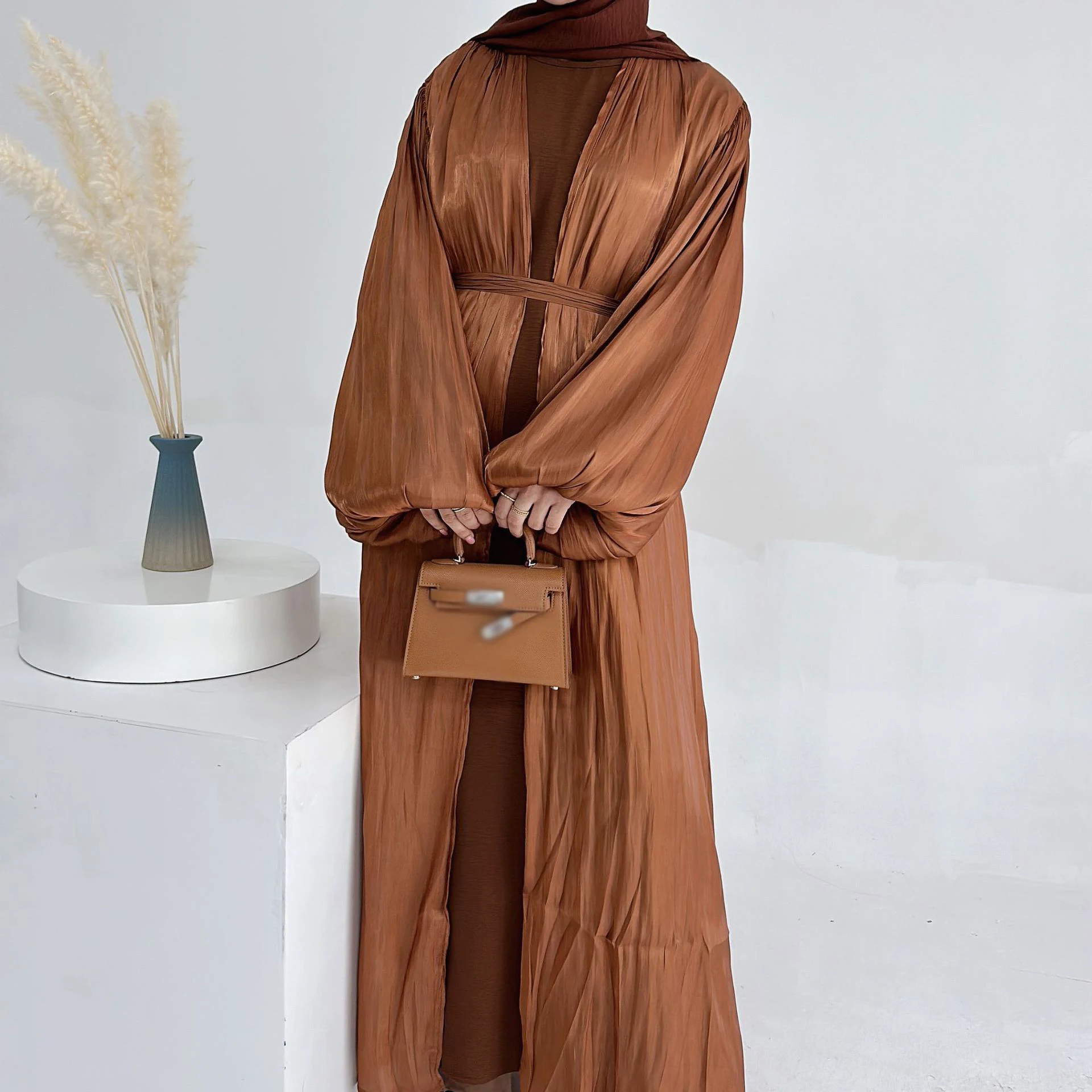 Muslim Women Shiny Satin Cardigan Dubai Open Abaya Turkey Kaftan Eid Modest Dress Marocain Abayas Kimono Robe Kebaya Jalabiya