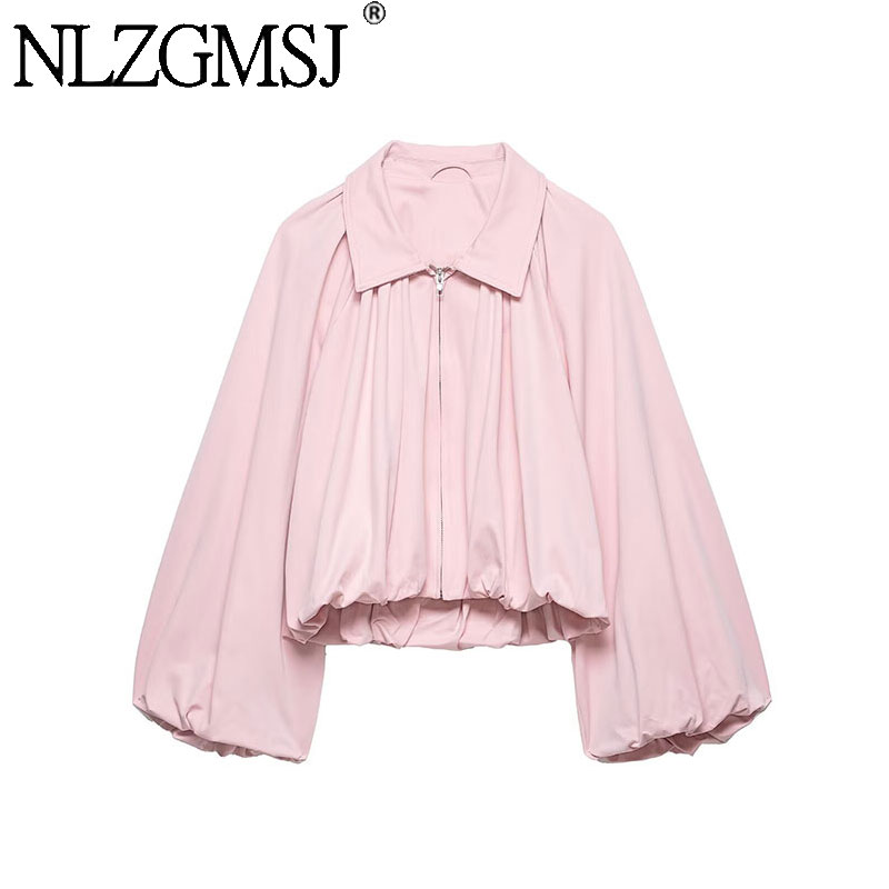 NLZGMSJ 女性ボンバージャケット 2026 春ボールスリーブ折りジッパールーズコート女性カジュアルオーバーサイズトップ Y2K