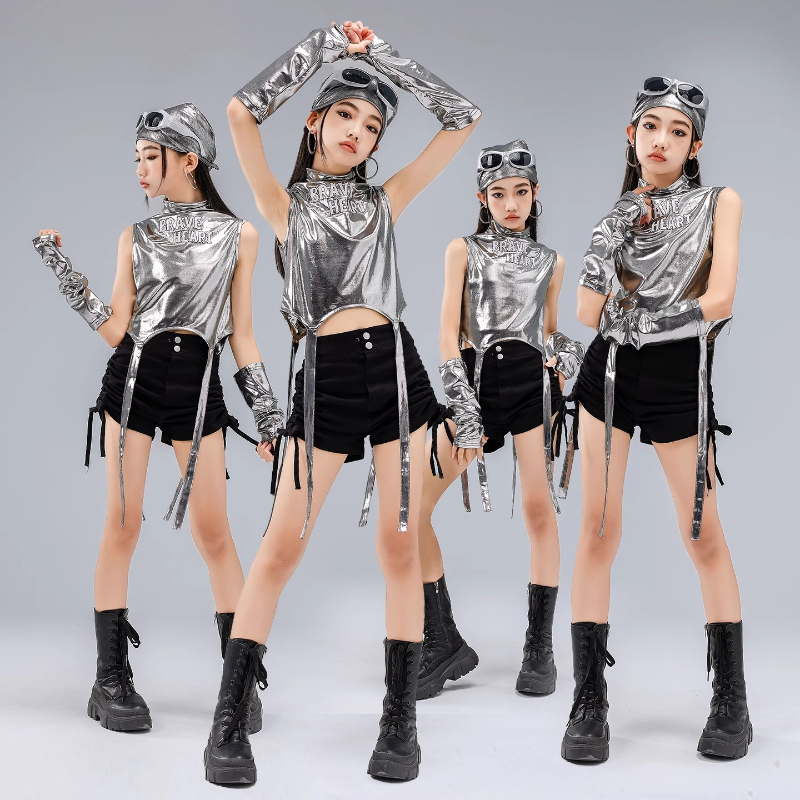 Girls K-pop Silver Shiny Crop Top Dance Shorts Fashion Hip Hop Jazz Clothes Sets Group Cool Streetwear Stage Performance Costume