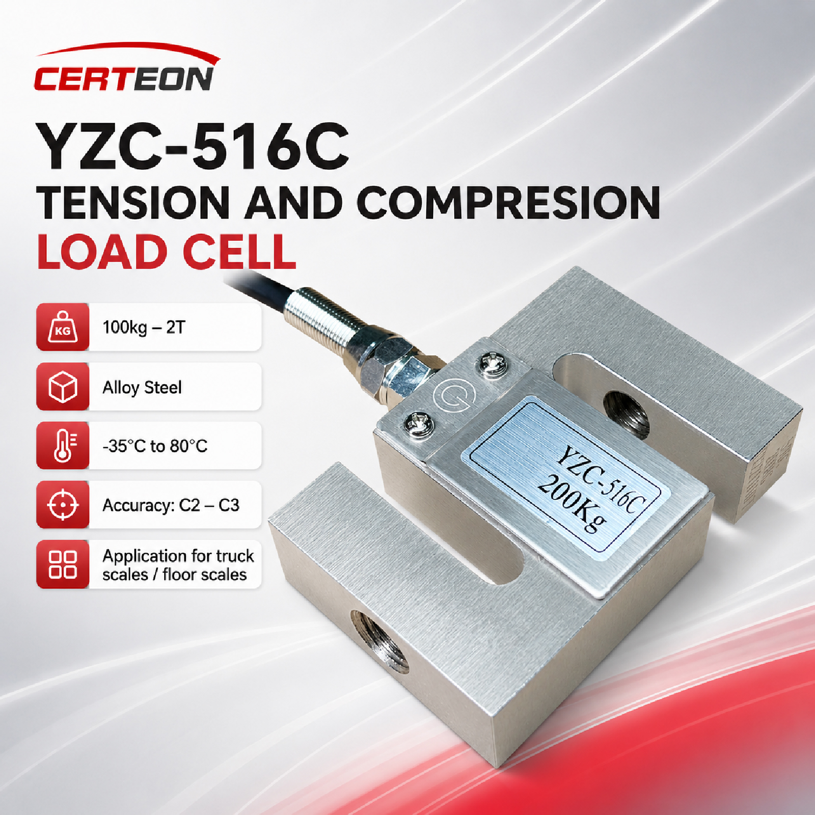 YZC-516CS S型ロードセル100kg 2T引張圧縮ひずみゲージ力センサークレーンバッチ包装ホッパースケール用