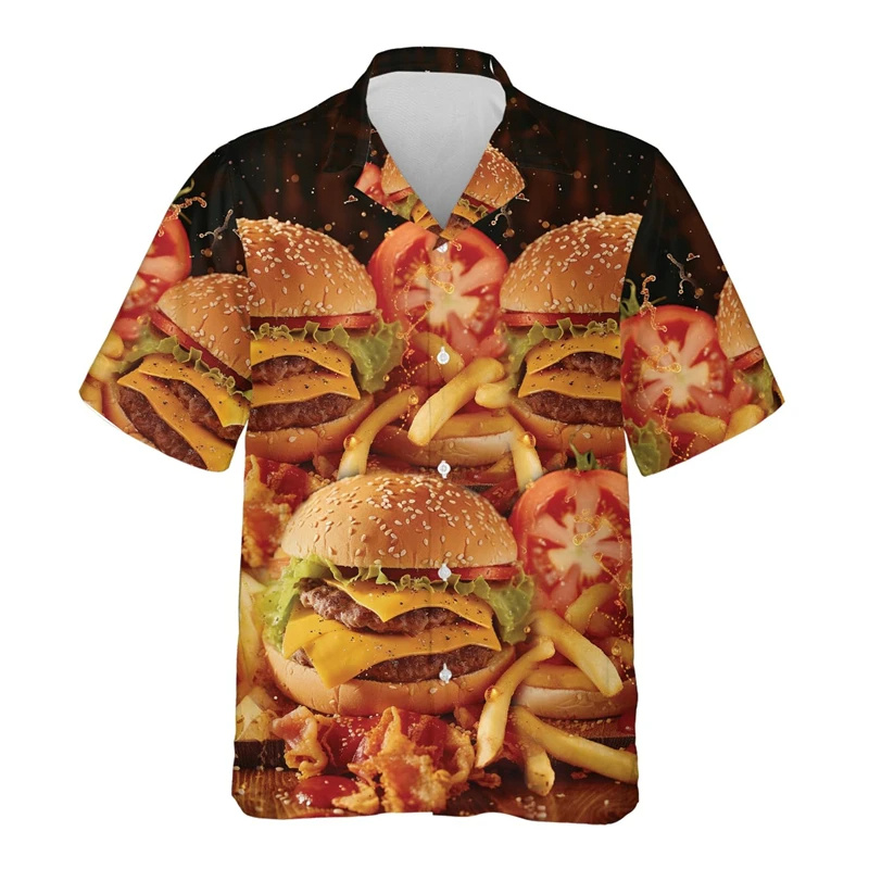 ハンバーガーフライグラフィックアロハシャツ男性用食品 3D プリント半袖夏ルーズアロハシャツラペルトップスストリートブラウス