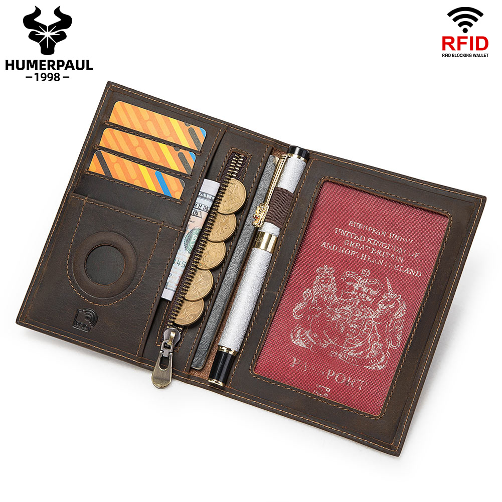 HUMERPAUL パスポート ウォルト エアタグ付き 旅行の必需品 クレイジーホースレザー RFID クレジットカードホルダー ペンカバー マネーバッグ