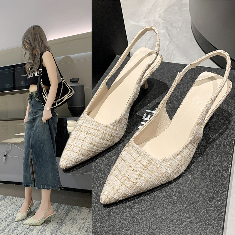 シーソルトブルーの尖ったハイヒールサンダル女性用バック中空半頭シングルシューズファッション多用途カジュアルシューズ