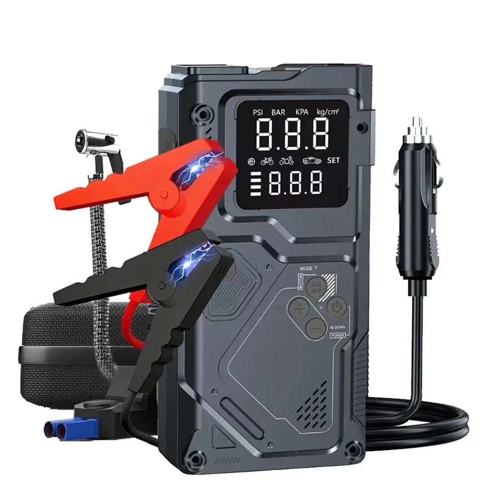 6 in 1 ジャンプスターター エアポンプ付き ピーク 5000A ブースター 150PSI タイヤインフレーター 8L ガス/4L ディーゼル DC 電源コード付き 400LM 懐中電灯