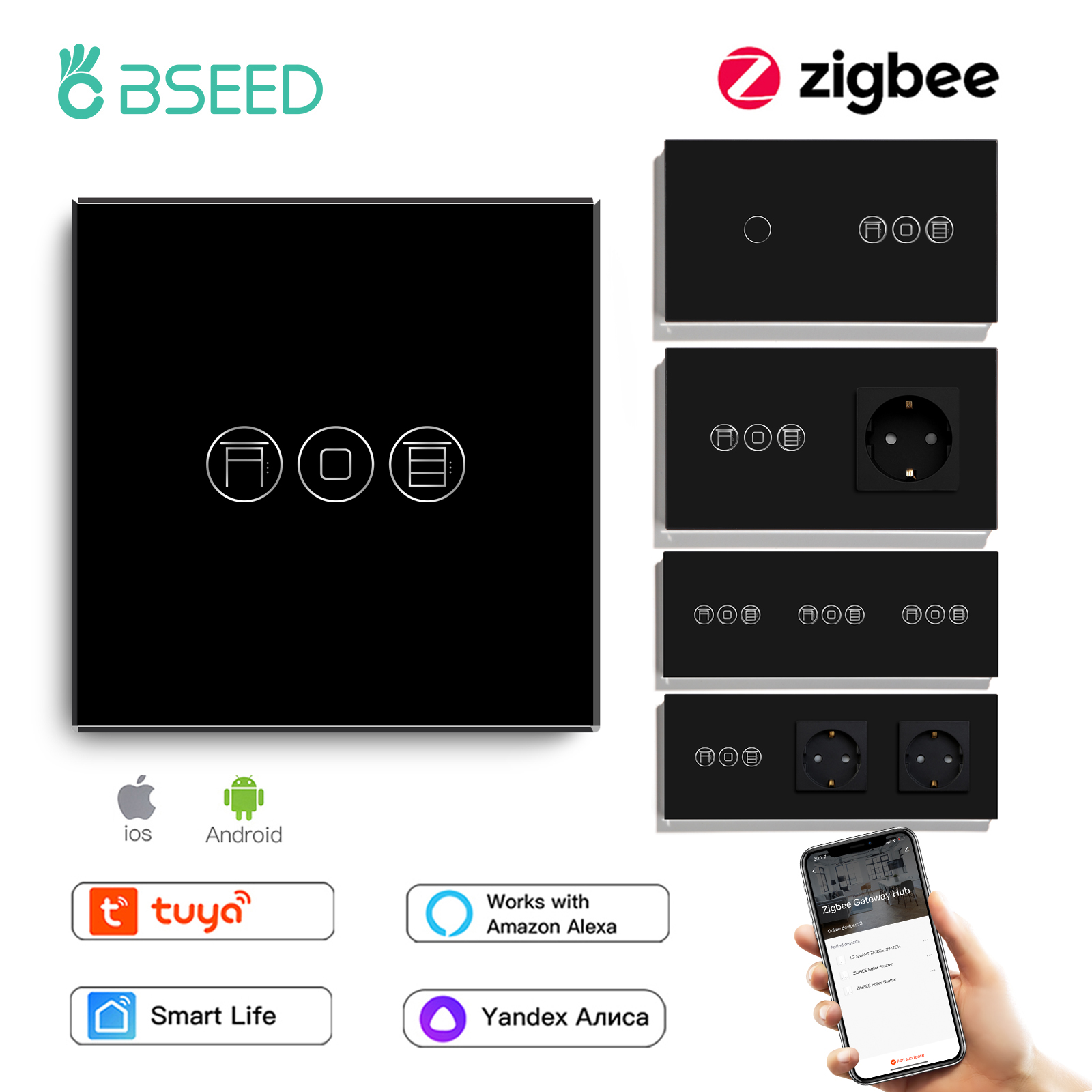 BSEED Zigbee ローラーシャッタースイッチスマートライト壁スイッチ電気ブラインドスイッチ EU ソケットサポート Tuya スマートライフ Alexa