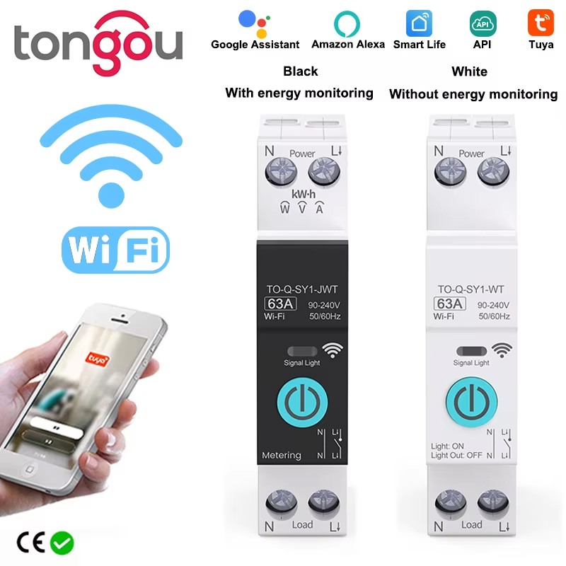 TUYA WIFI スマートサーキットブレーカーエネルギーメーター 1P 16A DIN レールスマートホームワイヤレスリモコンスマートスイッチ by APP TONGOU