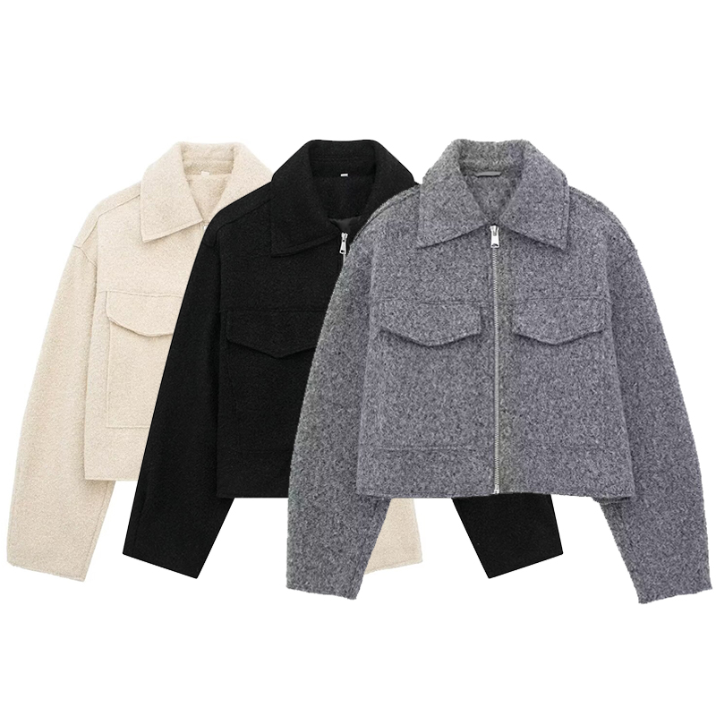 Willshela 女性ファッションポケット付きグレーフロントジッパージャケットヴィンテージラペルネック長袖女性のシックな女性の衣装