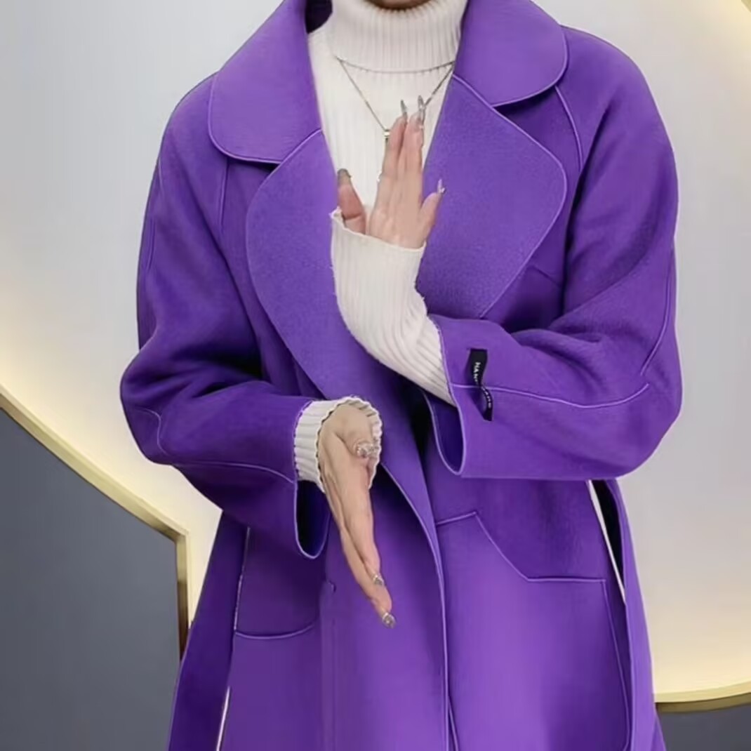 高品質両面ウールコートカシミヤジャケットレースアップ秋冬ロングスリムファッショントレンチコート女性生き抜く2025 ne