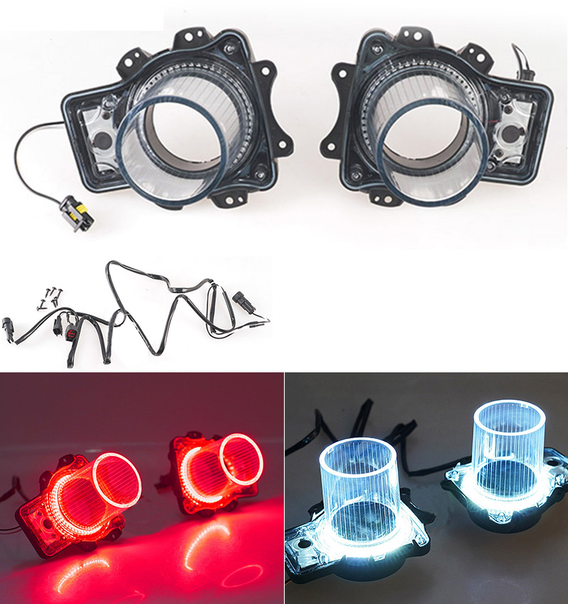 2 個車 LED ホワイト/レッドヘッドライトエアインサートアセンブリ LED ハローヘッドライトインサートダッジチャレンジャー 2015-2020