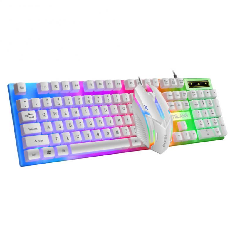 レインボーバックライト付き有線キーボードとマウス、フローティングキーキャップ強力、耐摩耗性、快適な感触のキーボード、ビジネスオフィス用