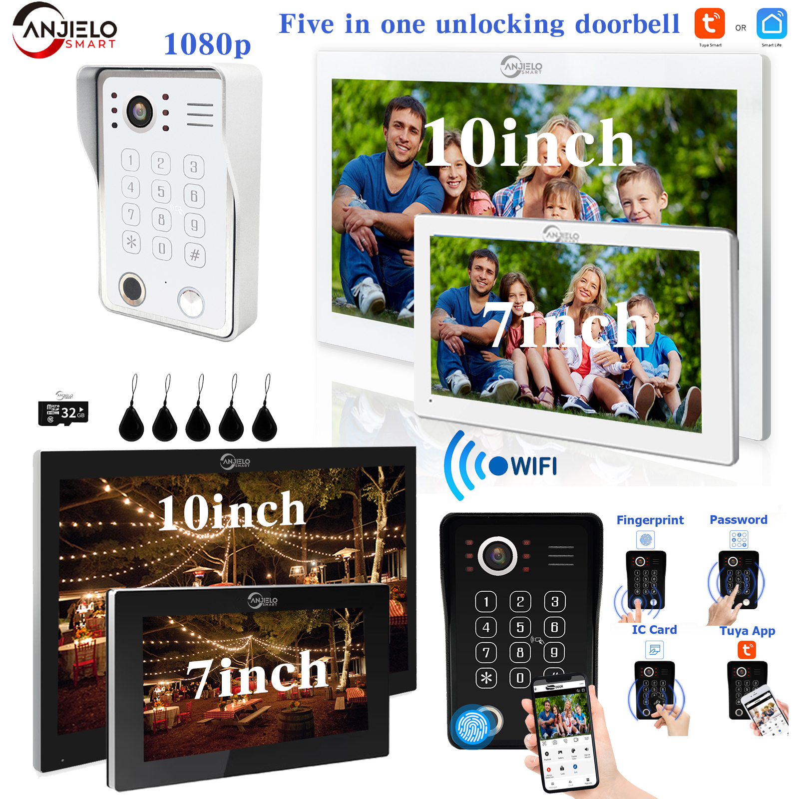 ANJIELO Tuya スマート 1080P ビデオ インターコム システム、指紋認証ロック解除、5 イン 1 機能、ホーム WiFi ビデオ ドアベル インターコム