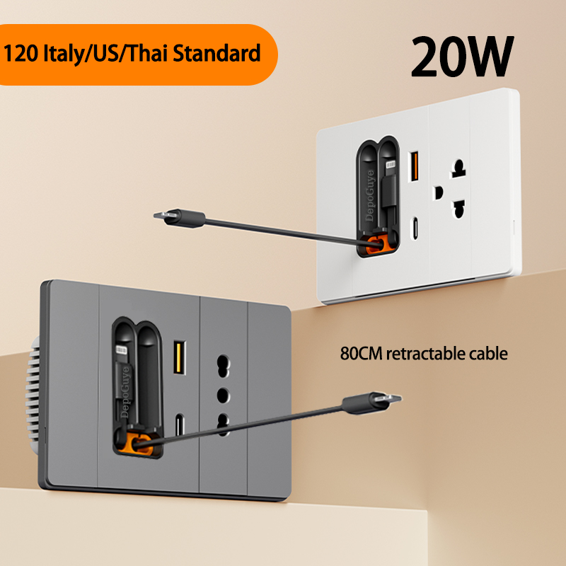イタリア 米国 タイ ユニバーサル 20 ワット高速充電 USB ソケット 充電ケーブル付き スマートホーム ベッドサイド 携帯電話充電 Type-c ソケット