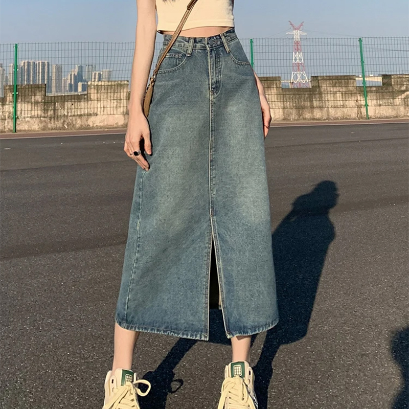夏の新ハイウエストスリットデニムスカート女性のための洗浄レトロ A ラインスカートヒップカバーストレートロングスカート