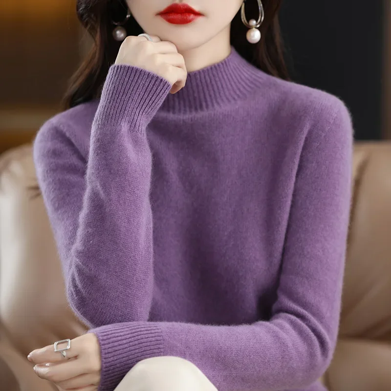 秋冬女性セーター韓国ファッション暖かい底シャツハーフハイカラーベーシックニット固体長袖プルオーバー