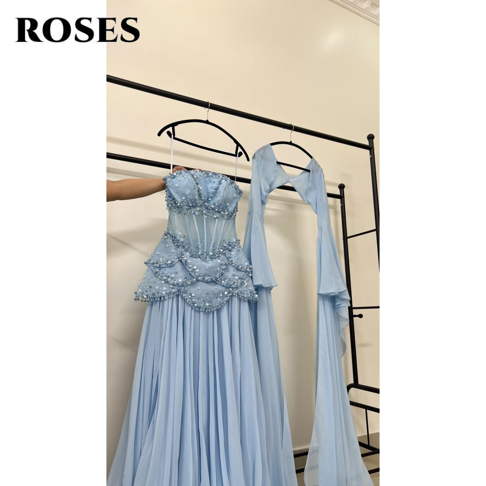 ROSES Sky Blue فساتين السهرة Strapless Gala Dress Pleat Beading A-line Prom Dress with Shawl Formal Dress Customized