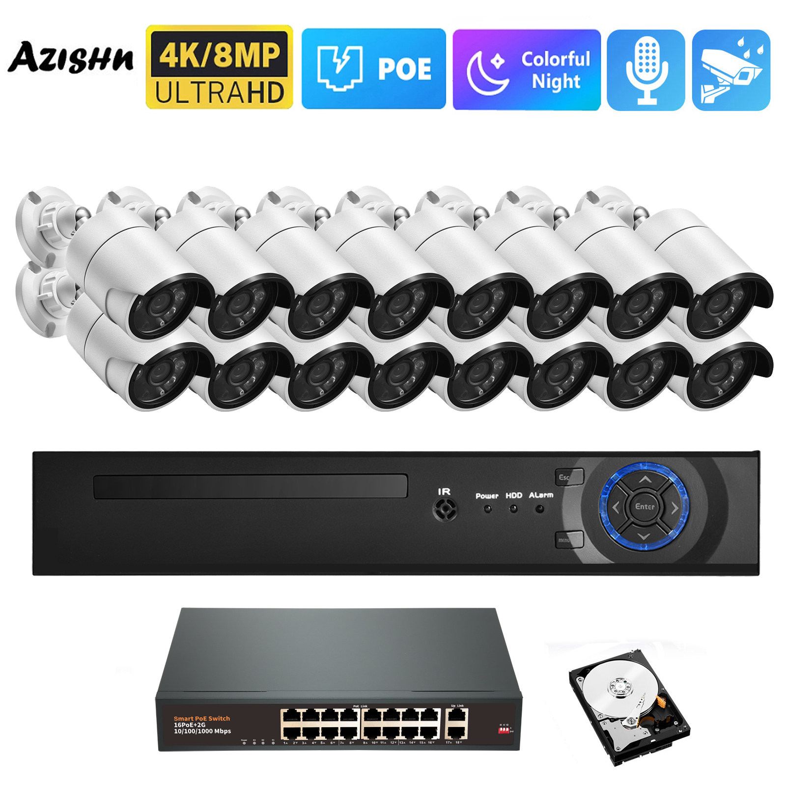 H.265 16CH 4MP 8MP Ultra HD 4K POE Camera System Motion Human Detect  Audio Outdoor 4K Security Surveillance Set Colorful Night