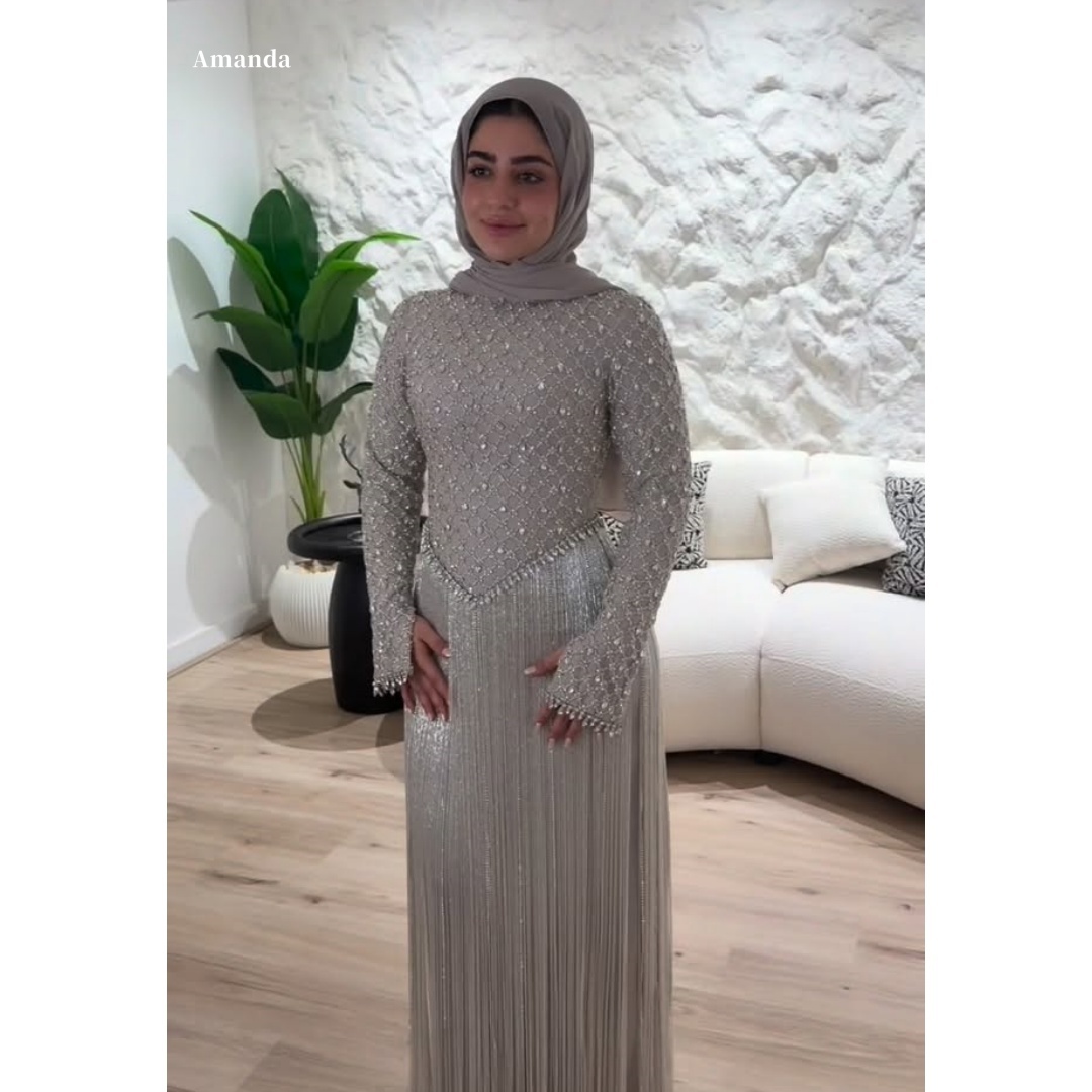 アマンダカスタマイズされたグレー長袖ラインストーンメッシュフリンジウエディングドレスvestidos de nocheささやかな全身イスラム教徒フォーマルイブニング