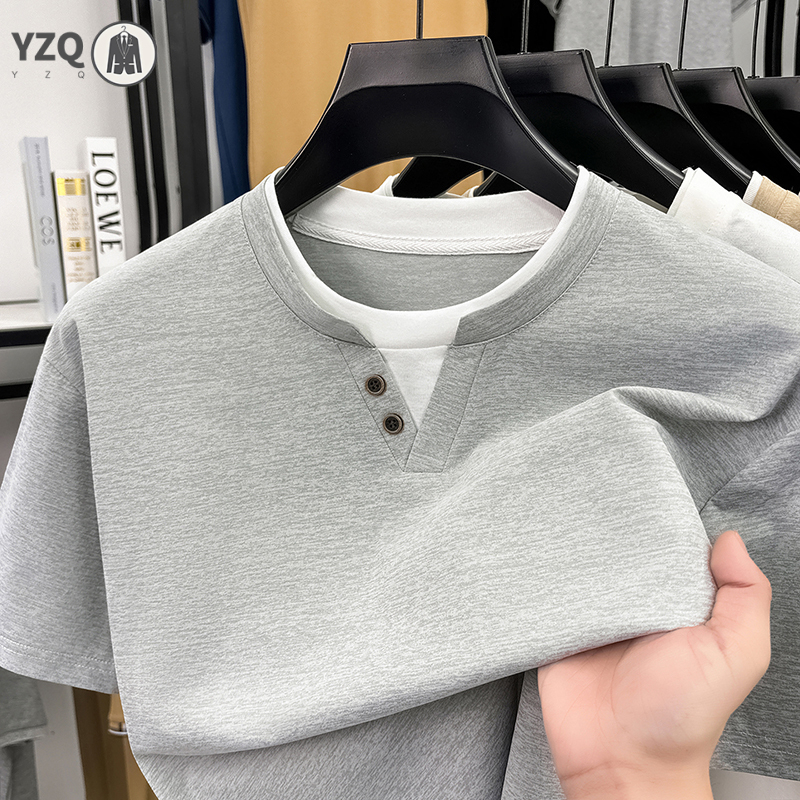 メンズ半袖 Tシャツヘンリーネックフェイクツーピースカジュアルトップス通気性スリムフィット Tシャツ男性の日常服