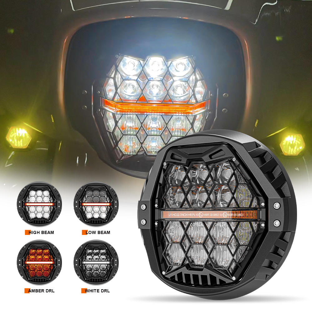 7 インチパフォーマンス LED ヘッドライト DRL E24 ハーレーツーリングストリートグライド 2014-2023 オートバイヘッドランプアンバー DRL ハイ/ロービーム