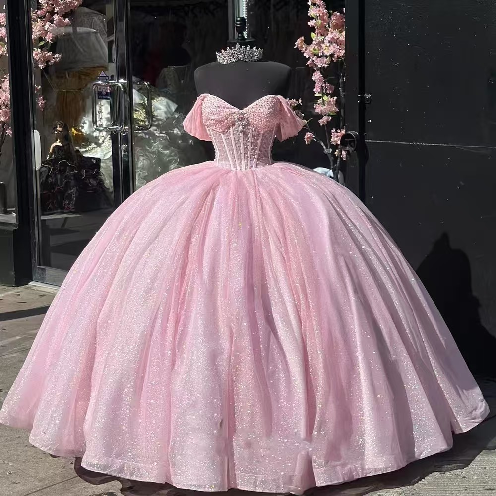 ピンクボールガウンキンセアニェーラドレス Vestidos デ 15 アノスきらびやかな床長さのシンデレラプリンセスプロムパーティーカスタマイズ 2025
