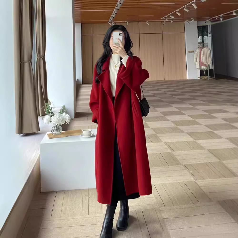 ウールコートジャケット女性ウールオーバーコートヴィンテージ秋冬 2025 レースアップターンダウン襟ポケットオフィスレディ上着