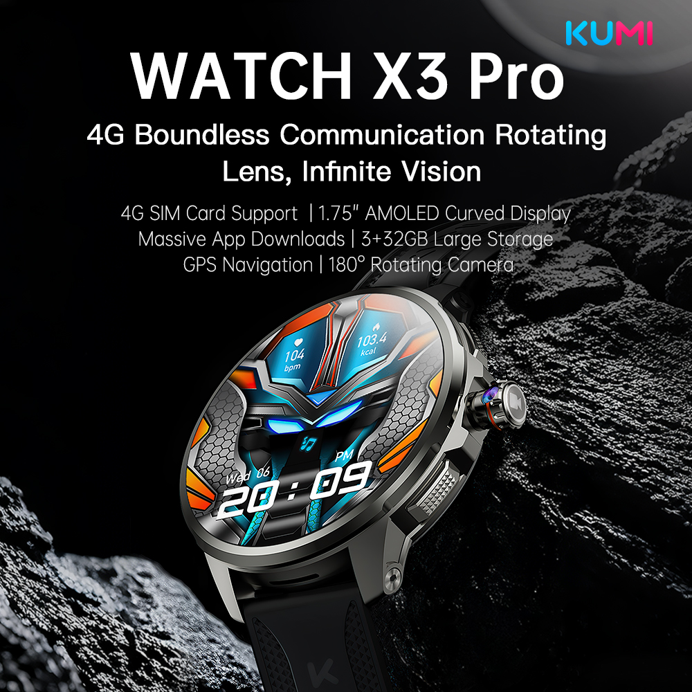 KUMI WATCH X3 Pro 4G スマートウォッチ Android 3GB 32GB 1.75インチ AMOLED HD ビデオ通話 1100mAh GPS WiFi フェイスアンロック メンズ レディース