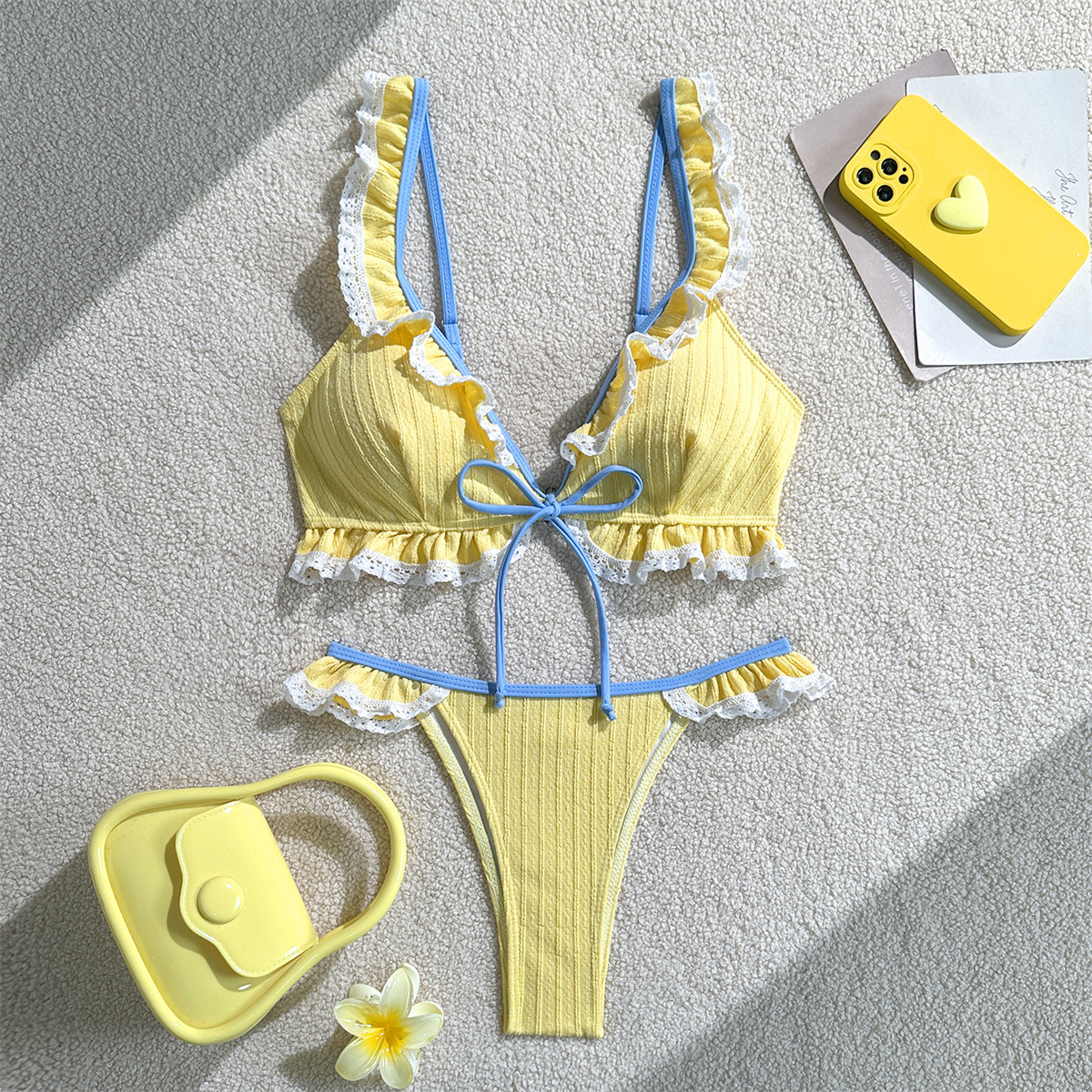 Sexy Ruffles Front Tie Lace Patchwork Bikini Set Women Yellow Drawstring Thong Swimsuit 2026 Summer Hoiday Bathing Suit Swimwear