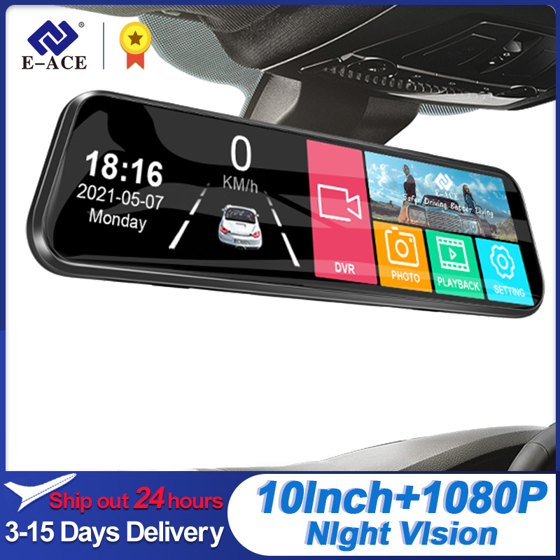 E-ACE 10 インチ車 DVR ミラービデオレコーダー 1080P タッチスクリーンダッシュカム車のデュアルレンズストリーミングドライブレコーダーダッシュカメラ