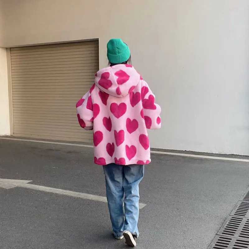 原宿クマテディプリントぬいぐるみジャケットの女性の冬 2025 女性韓国ふわふわフード付きコート厚く暖かいカップルストリートアウター