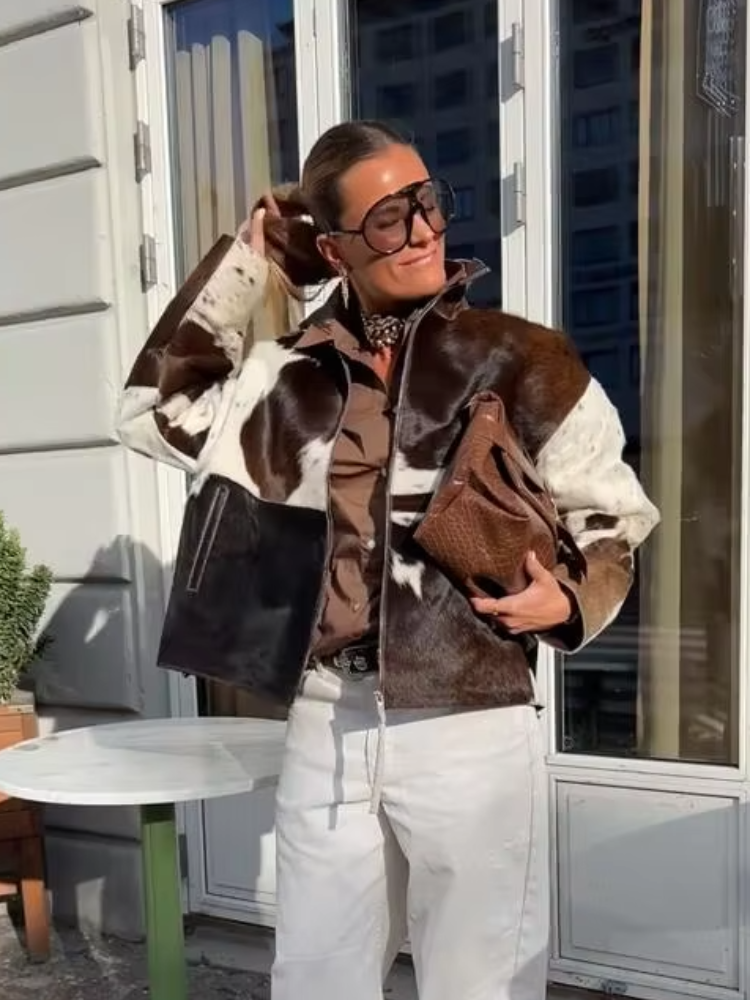 プリントジッパーショートジャケット女性のファッションルーズパターンフルスリーブラペルポケット女性コート 2025 秋ストリートレディースアウター