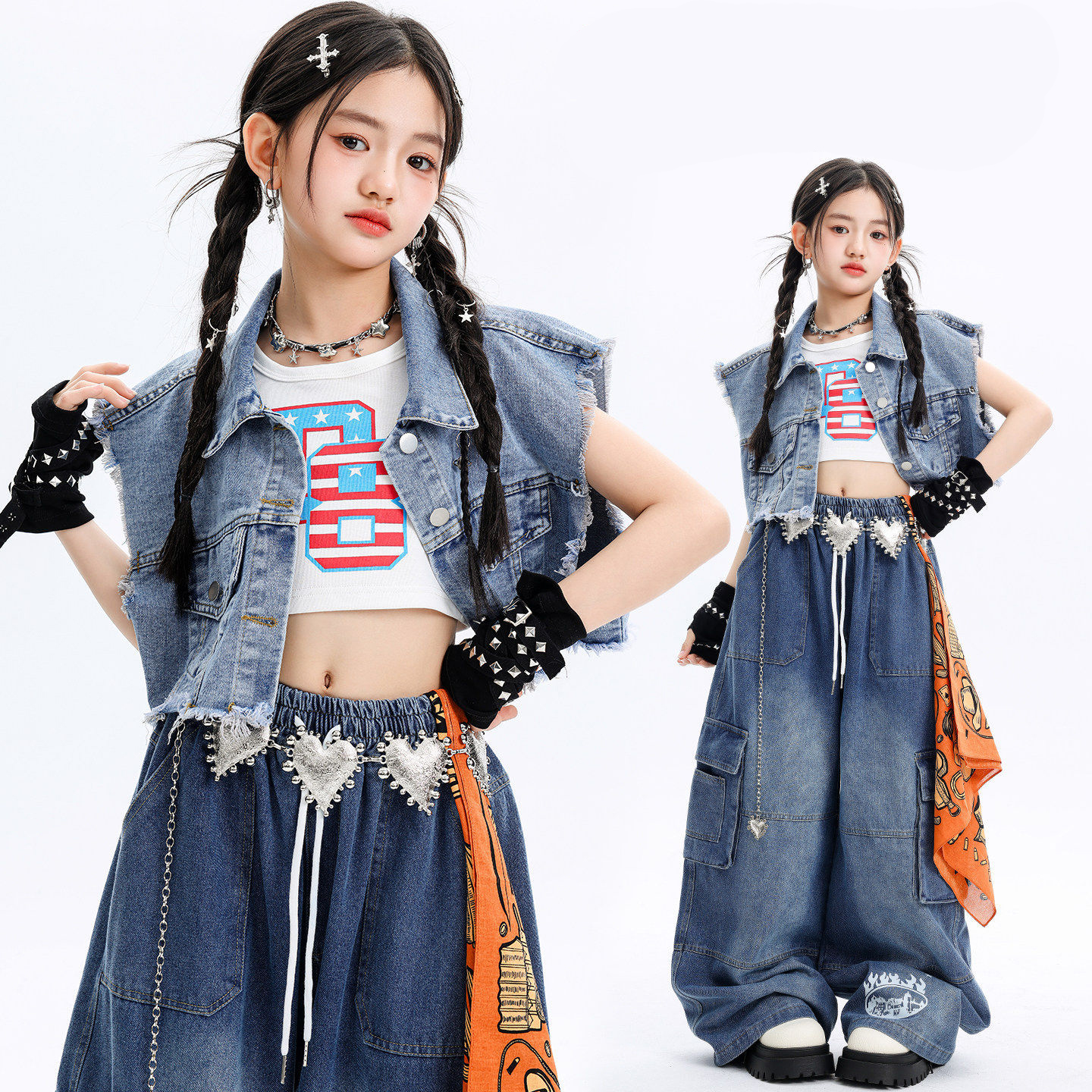 Kid Kpop Hip Hop Clothing Denim Blue Raw Hem Crop Vest Top Casual Wide Cargo Jeans Pants for Girl Street Dance Costumes Clothes