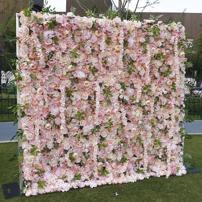 5D ピンクローズ牡丹蘭ロールアップ布カーテンフラワーウォールイベントパーティー結婚式の背景の装飾ミラノ芝生地植物壁