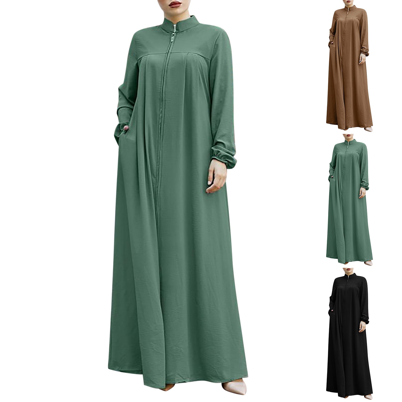 特大の女性ラマダンアバヤフロントジッパーアップ Musulman ドレスポケット付きスタンドカラー固体イスラム服ルース Jilbab