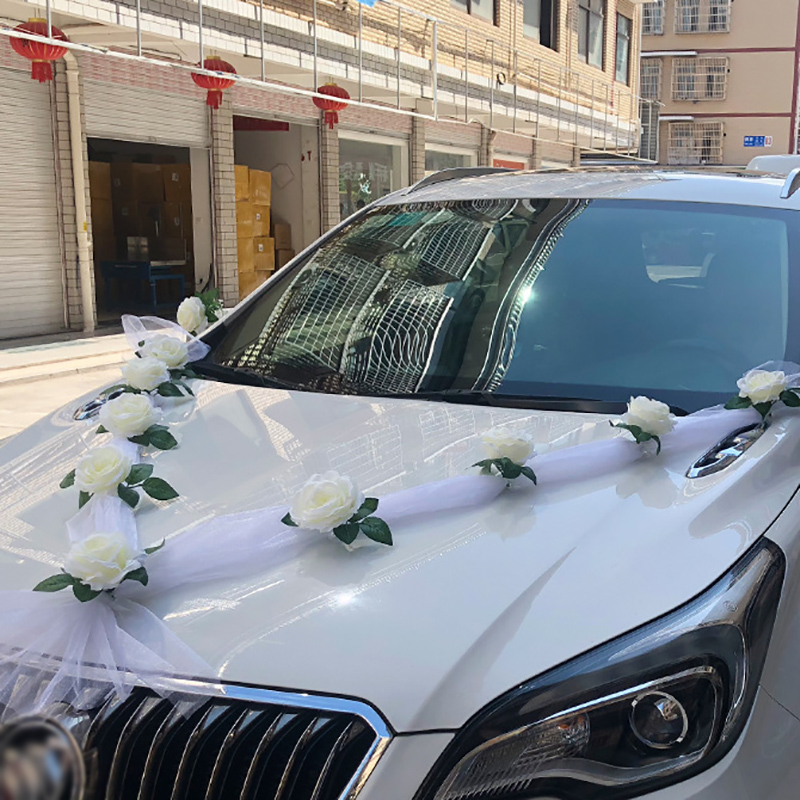 ホワイトローズ造花結婚式の車の装飾ブライダルカーの装飾ドアハンドルリボンシルクフラワー