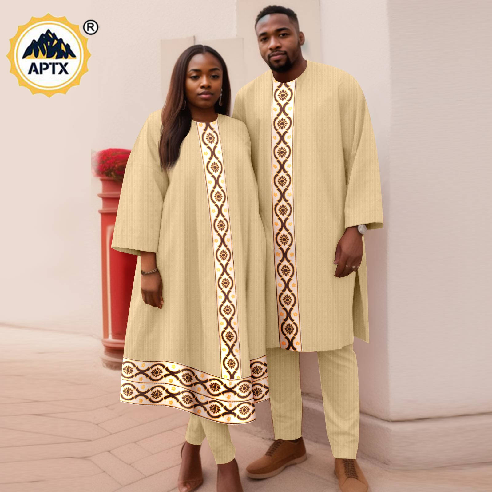 アフリカのカップル Mathing 服バザンリッシュジャカード男性ロングトップとパンツセットカフタン Dashiki 女性ルーズマキシドレス Y23C082