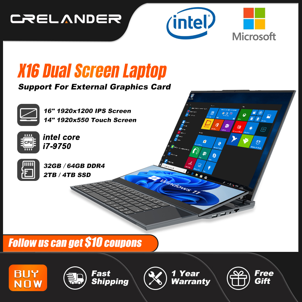 CRELANDER デュアルスクリーンラップトップ 16 インチ 2K 14 インチタッチスクリーンインテル core i7-9750 64 ギガバイト RAM Zenbook デュオラップトップゲームノートブック