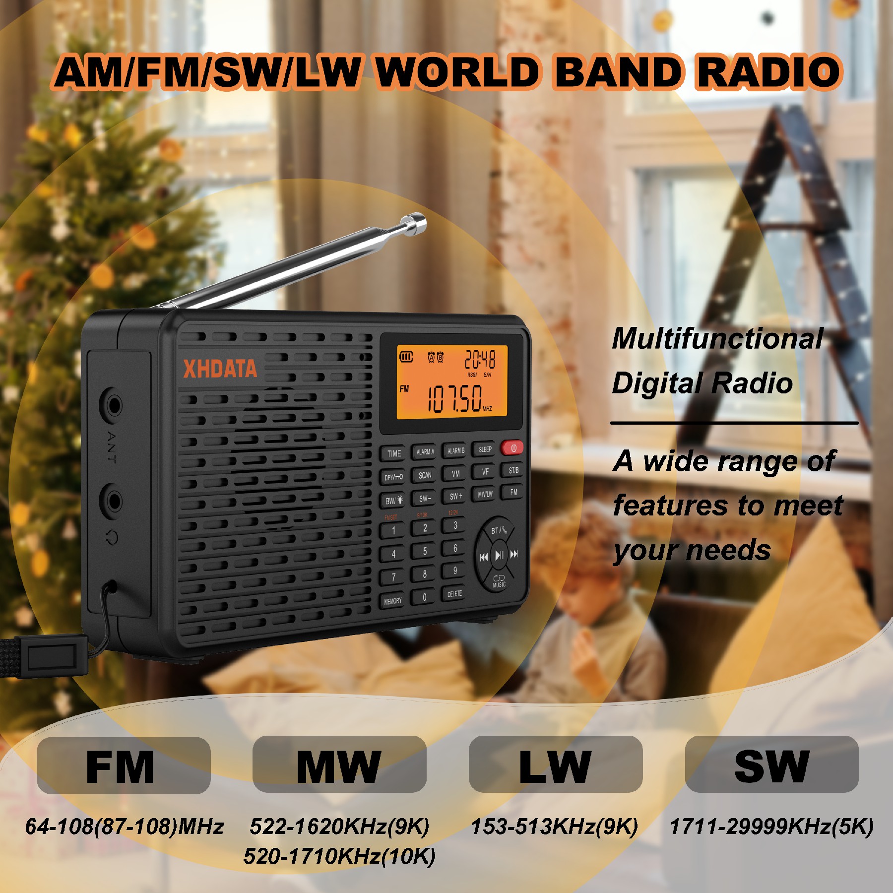 XHDATA D-109 ステレオデジタルポータブルラジオ AM SW MW FM ラジオ Bluetooth 互換多機能ラジオサポート TF カードプレーヤー