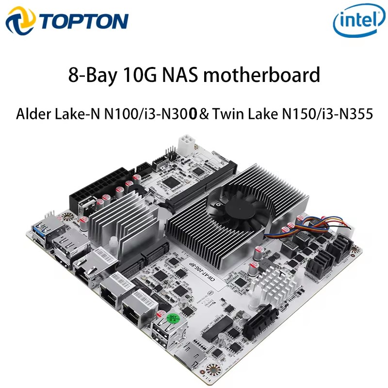 Topton 8 ベイ 10G NAS マザーボード Intel Core i3-N300 N150 1*10G 2*2.5G LAN 2*NVMe 2*SFF-8643 ～ 8*SATA PCIex1 ファイアウォール メインボード
