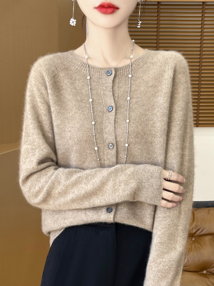 婦人服ソリッドカラーの基本カーディガン秋冬 100% メリノウールニットウェアソフト暖かい O ネックセーターオフィスレディトップス