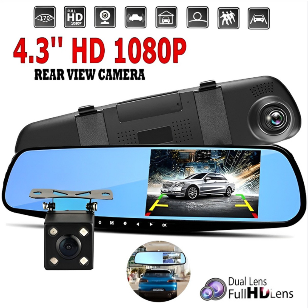 1080P 車 DVR デュアルレンズ車カメラ 4.3 インチビデオレコーダーバックミラーリアビューフル HD ダッシュカム自動登録器