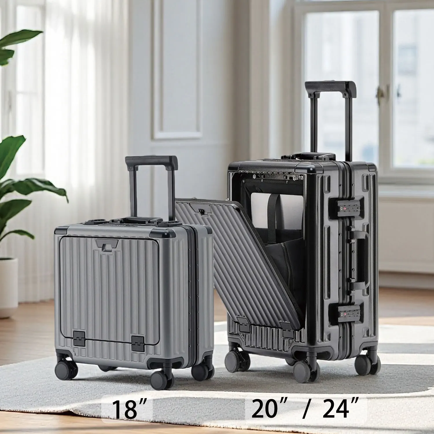 多機能アルミ合金フレームスーツケースフロントオープニング荷物カップホルダー USB 充電ポート TSA 税関ロックブレーキホイール