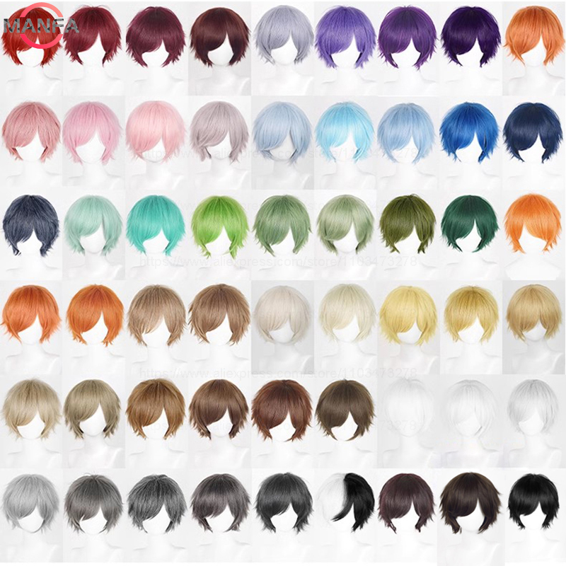 アニメ 30 センチメートルショートストレートコスプレウィッグ黒、白、緑、茶色、紫、青、グレー、レッド、ゴールド男性女性耐熱人工毛