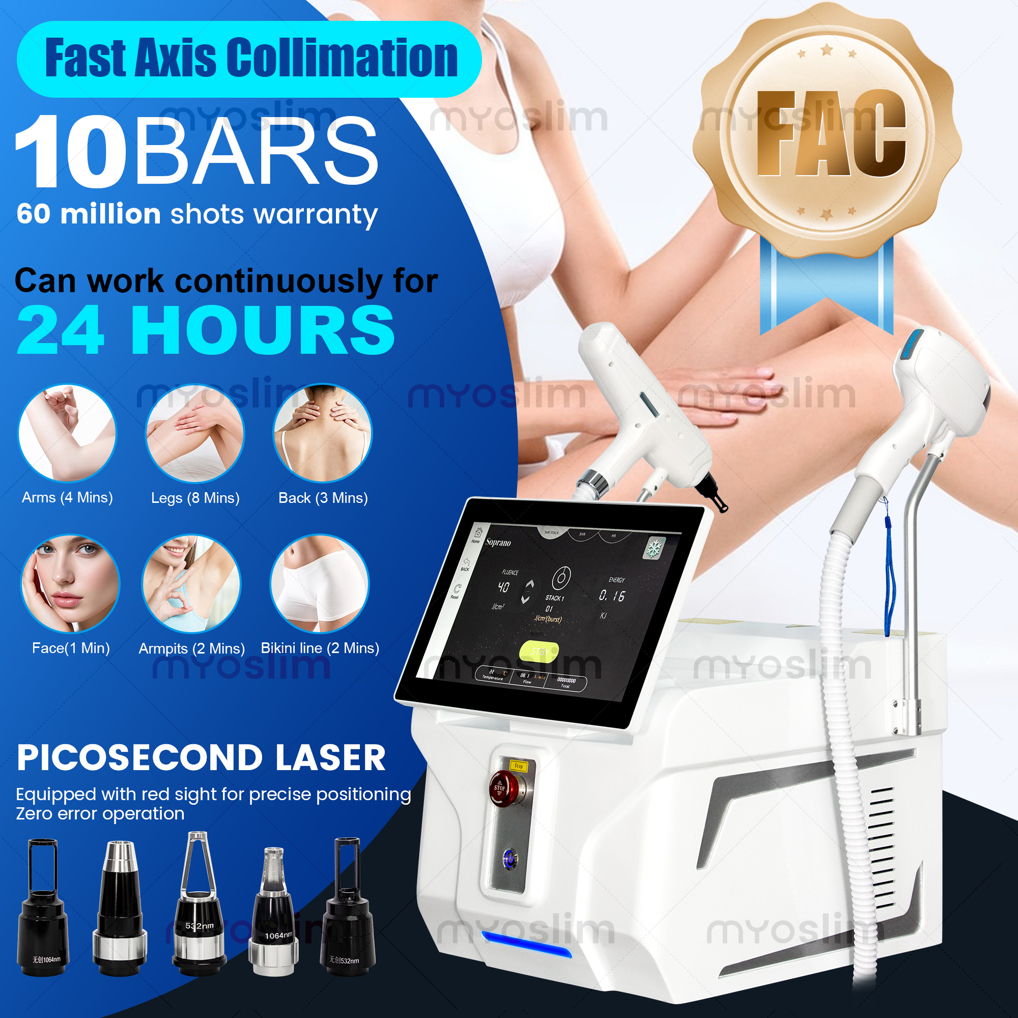 2In1 Soprano Titanium Ice Platinum FAC 4 Wavelength Diode 808+Picosecond Painless Permanent Hair Removal Tattoo Removal